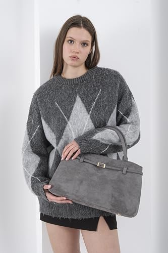 Base’ic Women’s Suede Tote Bag with Gold Hardware – Trendy Slouchy Shoulder Hobo Satchel Handbag Work Purse Travel Gift - color: Grey (Gold Hardware)