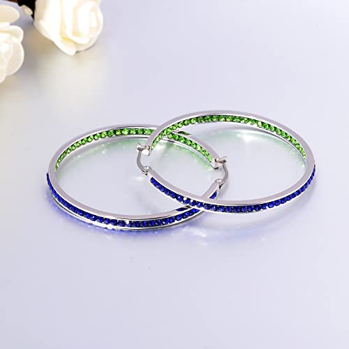 CiNily Mult-colors Crystal Stainless Steel Hoop Earring for Women Hypoallergenic Jewelry for Sensitive Ears Large Big Hoop Earrings 2" - color: Blue and Green