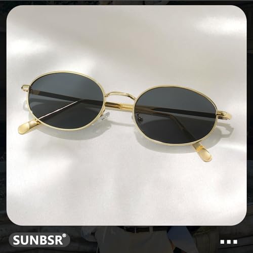 Retro Oval Sunglasses for Women Men 90s Trendy Small Round Gold Sun Glasses Fashion Narrow Metal Frame Shades - color: A1 Gold/Grey