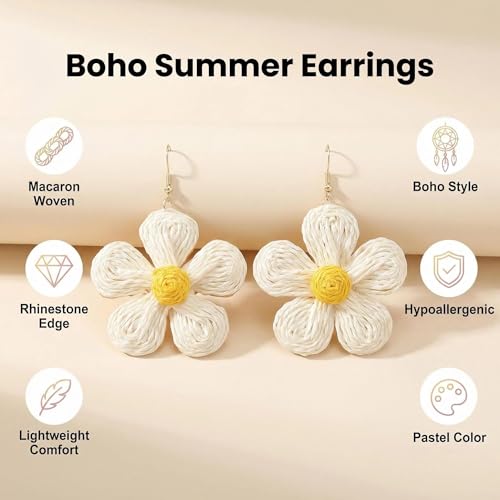 Woven Raffia Rattan Earrings for Women, Boho Flower Hoop & Drop Dangle Earrings Collection, Handmade Summer Beach Vacation Statement Earrings for Party Daily Wear - color: Multi-Layer Daisy Stud