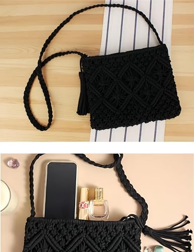 Cotton Crochet Crossbody Bag, Black Woven Purse, Boho Shoulder Bag, Summer Purse Lightweight Casual Handbag for Daily Use