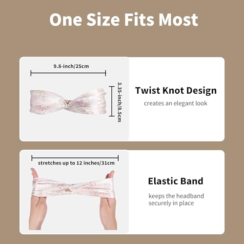ZLYC Mulberry Silk Headband Elastic Twist Knotted Head Bands for Women's Hair, Floral Light Pink - color: Floral Light Pink