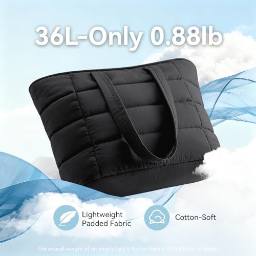 Puffer Tote Bag with Pouch, Women's Lightweight Quilted Shoulder Bag, 15.6"/17.3 Laptop Travel Weekender for Work & Nurses - color: Black, size: Large