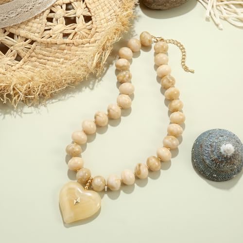 Elegance 11 designs Chunky Heart Necklace for Women, Colorful Acrylic Beaded Statement Puff Heart Necklace, Cute Boho Y2K Choker Necklace for Gift Jewelry - color: Beige