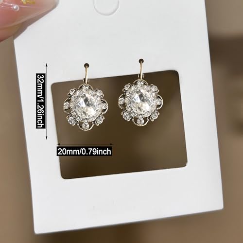 Handmade Bohemian Vintage Gold Sparkly Crystal Round Flower Leverback Earrings Cute Rhinestone Geometry Dangle Drop Earring for Women - color: White