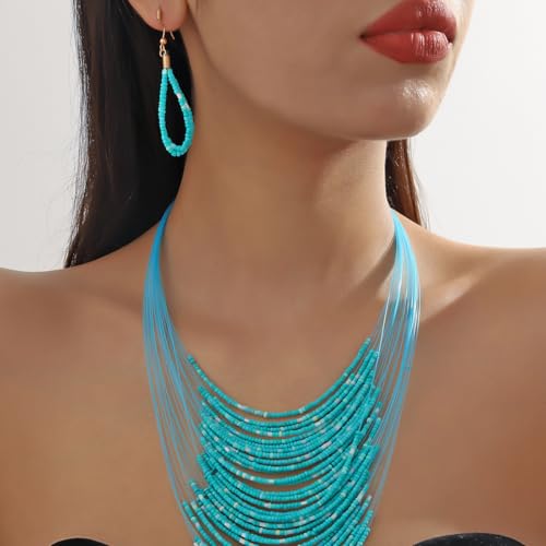 Bohemian Colorful Beaded Earrings Necklace Geometric Teardrop Dangle Earrings Multi-layered Stackable Choker Necklaces Boho Seed Bead Chain Statement Beach Party Accessories - color: Lake Blue