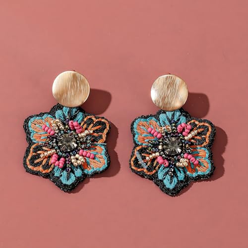 Boho Floral Embroidered Earrings with Colorful Bead Accents and Crystal Center for Women - color: Blue