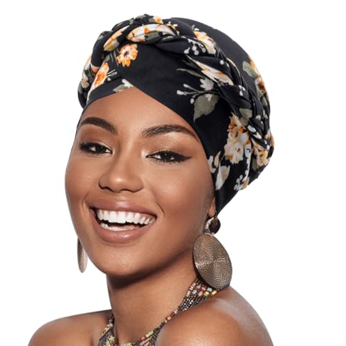 African Women Turban Caps Pre-Tied Twisted Turbans Head Scarf for Women Hair Wraps Cover Beanie Cancer Chemo Headwear - color: Black