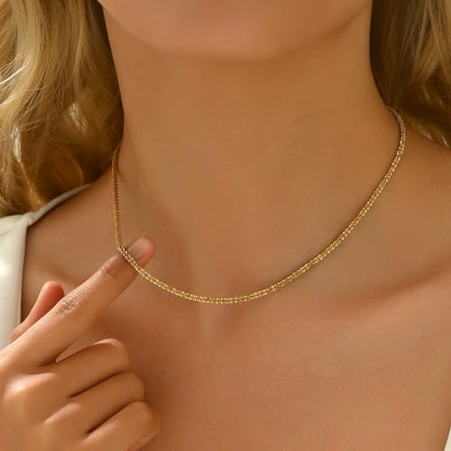 NONAMOIS Gold Chain Necklace for Women Dainty 18K Gold Plated Thin Satellite Beaded Turquoise Necklace Simple Layered Boho Jewelry Christmas Gifts - color: Shiny Rope-Gold