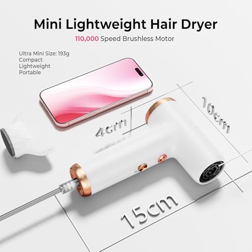 Mini Hair Dryer, 4-Temp High Speed Ionic Hair Dryer, 2-Speed Lightweight Portable Small Hair Dryers, 110,000 RPM Hair Blow Dryer Travel Blow Dryer with Self-Cleaning Styler & Advanced Protection - color: White