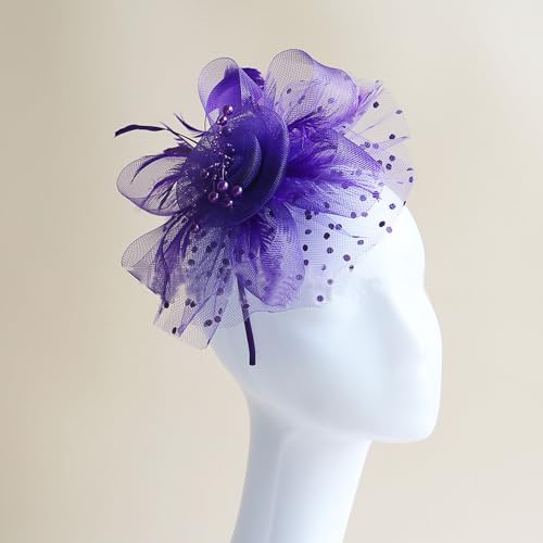 Fascinators Hat Pearl Earrings Necklace Bracelets Gloves 1920s Headband Hair Clips Women Flower Mesh Feather Headpiece Headwear Halloween Carnival Cocktail Wedding Tea Party Accessories Purple - color: Purple