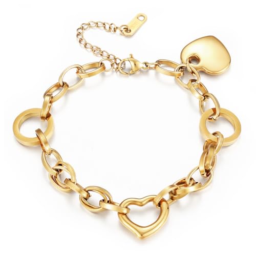 Emibele Heart Charm Bracelet for Women, Bible Verse Bracelet Stainless Steel 18K Gold Plated Bracelet Love Pendant Link Chain OT Clasp, Birthday Christmas Jewelry Gift for Mother Her - color: Gold Pendant