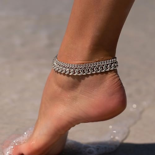 Freekiss Sterling Silver Ankle Bracelets for Women: Dainty Layered Waterproof Anklet for Women Adjustable Womens Anklet Set Stackable Figaro Beaded Cuban Link Anklets Beach Jewelry for Women - color: Layered Cuban Chain-SL
