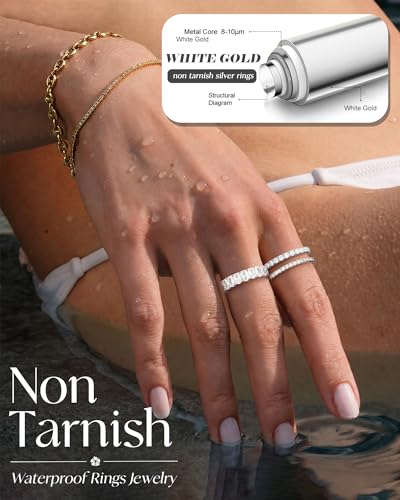 Silver Gold Rings for Women Non Tarnish 14K Gold Plated Stackable Rings for Women Stacking Thumb Pinky Eternity Cubic Zirconia Engagement Wedding Band Ring Set Woman Jewelry 1.5mm 2.5mm 5mm - color: D-Silver Cubic Zirconia Rings