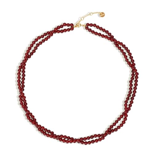 ZANNAH Gemstone Beaded Necklaces for Women - Boho Style Essential Necklace 15" + 3.14" Extender, Cute and Trendy Choker, Natural Stone Handmade Jewelry, Thoughtful Gifts for Women - color: Dark Red - Agate