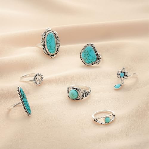 Bohemian Joint Knuckle Rings Set for Women,Vintage Boho Turquoise Stackable Rings Chunky Retro Turquoise Midi Finger Ring Statement Western Jewelry - style: Style E