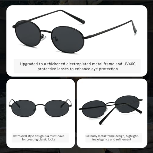 Retro Oval Sunglasses for Women Men 90s Trendy Small Round Gold Sun Glasses Fashion Narrow Metal Frame Shades - color: Black/Grey