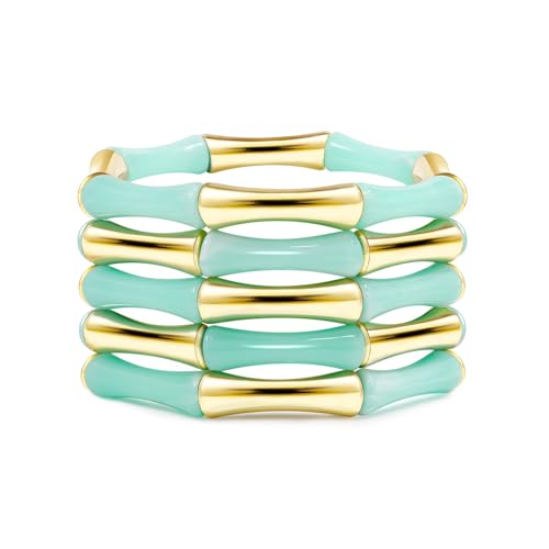 Gold Tube Bangle Bracelets for Women Stackable Bamboo Chunky Acrylic Beads Stretch Friendship Summer Beach Bracelet Jewelry - color: Blue