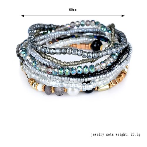 Handmade Bohemian Colorful Crystal Beaded Bracelets Set Multilayered Stackable Boho Stretch Adjustable Bangle Cuff Friendship Summer Beach Jewelry for Women - color: black