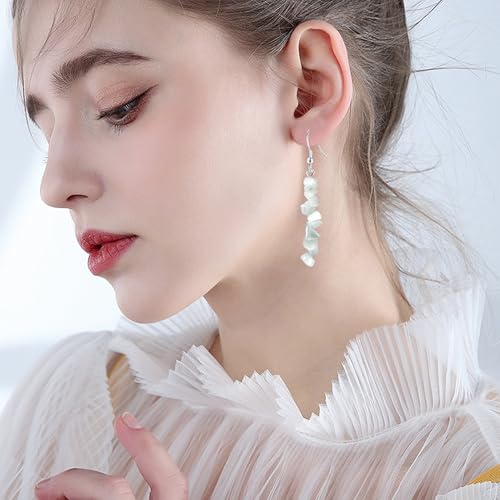 Handmade Bohemian Vintage Silver Nature Stone Beads Long Dangle Drop Earrings for Women - color: Cat Eye White