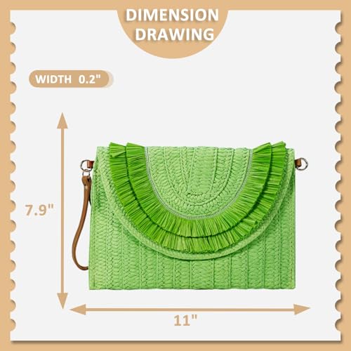 Crossbody Bags for Women, Straw Clutch Purses, Bohemian Handmade Woven Envelope Package, Tassel Handbags for Women | Bohemian - color: Light Green