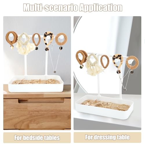 Jewelry Organizer Stand, Necklace Holder with Wooden Tray 5 Storage Hooks, Earring Holder with 5 Pcs Jewelry Bags for Bracelet,Chains,Rings,Earrings,Keys Watches,Necklaces (White) - color: White