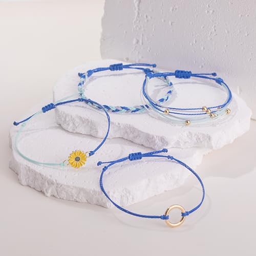 FANCY SHINY Easter Gifts Basket Stuffers Sunflower String Bracelet Boho Braided Rope Wrap Bracelets Cute Summer Beach Surfer Jewelry for Women - color: Royal Blue