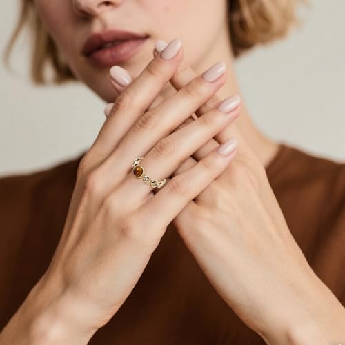 14K Gold Plated Tigers Eye Boho Ring for Women, Star Cubic Zirconia Vintage Statement Jewelry, Adjustable Open Ring