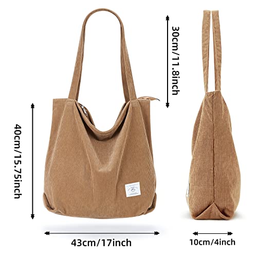 KALIDI Women Corduroy Tote Bag Zipper Casual Tote's Handbag Big Capacity Shoulder Bag with Pockets - color: Khaki
