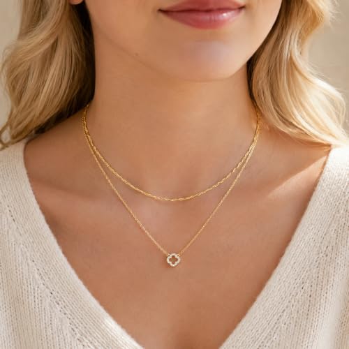 Dainty Gold Necklaces for Women Trendy Non Tarnish 14K Gold Plated Cubic Zirconia Necklace Layered Simple Cute Four Leaf Clover Choker Jewelry Birthday Gifts - color: Gold, style: Layered Small CZ