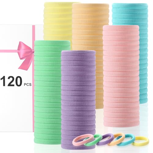 LuSeren 120 Pcs No Damage Thick Hair Ties, Large Soft Seamless Nylon Cloth Hair Elastics for Women, Light Color - color: Light color