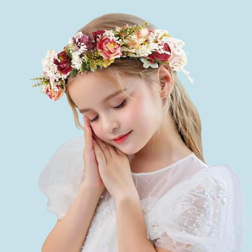 Rose Flower Crown Women Boho Flower Headband Hair Wreath Floral Headpiece with Ribbon Flower Leaves Crown for Wedding Festival Party Photos - color: Rose Flower Crown