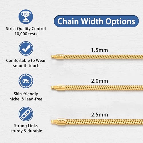 Jewlpire 1.5mm 2mm 2.5mm Snake Chain 18k Gold Plated 925 Sterling Silver Chain Necklace for Women, Smooth Sturdy Hypoallergenic, 16 18 20 22 24 Inch - color: 2.5mm-18K Gold Plated, size: 20 Inches