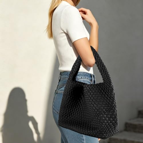 Woven Tote Bag For Women, Large Vegan Leather Travel Handbag, Casual Work Shoulder Bag, Underarm Commuter Hobo Bag With Purse - color: Black
