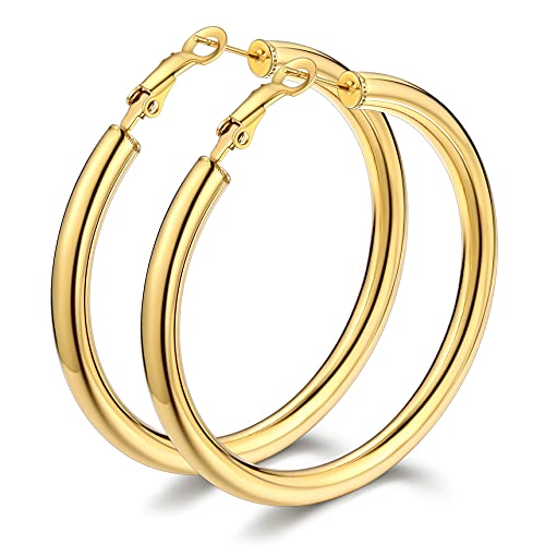 Bestyle 5mm Thick Gold Hoop Earrings Hypoallergenic Hoops for Sensitive Ears Trendy Lightweight Chunky Earrings for Women 30/40/60/80mm - color: 01-Gold, size: 60mm