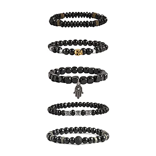 HZMAN Wrap Bracelets Men Women, Hemp Cords Wood Beads Ethnic Tribal Bracelets, Leather Wristbands - style: Hand of Fatima