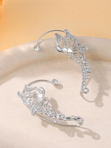 2Pcs Rhinestone Butterfly Earrings Ear Cuffs Non-Pierced Fake Earrings Butterfly Climber Wrap Around Earring Dainty Adjustable Ear Clip Jewelry for Women - color: Style3-silver