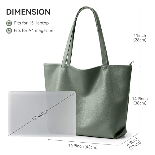 WLLWOO Soft Vegan Leather Tote Bag for Women Large Casual Hobo Handbags Zipper Shoulder Work Daily Weekender Travel Purse - color: Grey Green