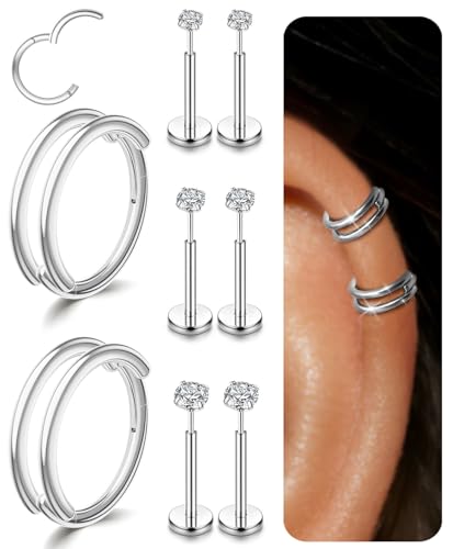 Small Cartilage Double/Triple-Hoop Helix Conch Piercing Earrings With Cubic Zirconia For Women Trendy 14K Gold Plated Titanium Surgical Stainless Steel Sets Nose Rings Hoops Septum Rings - color: Silver, style: A-4Pairs-16Gauge-Double hoop