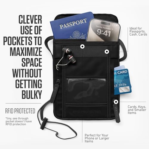 VENTURE 4TH Neck Wallet for Women & Men – RFID Blocking Passport Holder for Travel, Hidden Neck Pouch with 6 Compartments, Slim Lightweight Travel Organizer with Adjustable Strap (Sleek Black) - color: Sleek Black