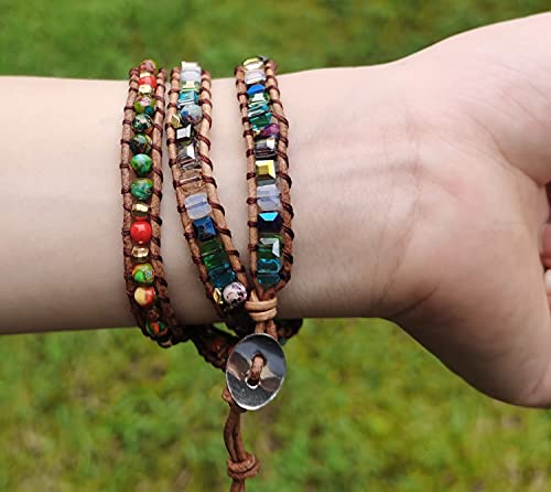 Women Wrap Bracelet Boho Natural Jasper Crystal Stone Beads Strand Bracelets - color: Colored turquoise