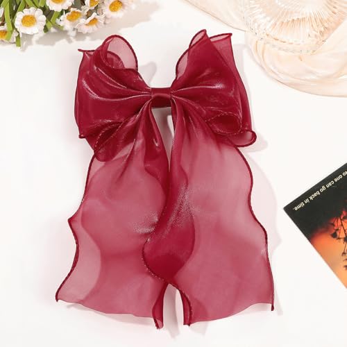 Large Hair Bow Clips for Women, Pink Bow Hair Barrettes with Long Tail French Hair Ribbon Clips Hair Accessories for Girls (Burgundy) - color: Burgundy