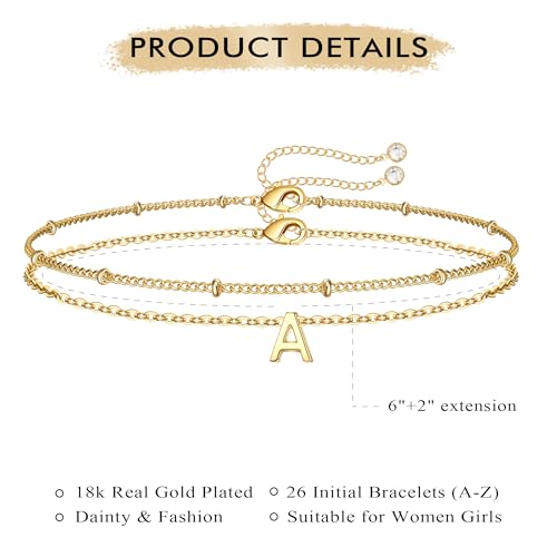 Turandoss Initial Bracelets for Mom Women, Dainty 18K Real Gold Plated Layered Letter A-Z Initial Bracelets Personalized 26 Alphabet Monogram Gold Bracelets for Women Birthday Jewelry Gifts Trendy - color: P