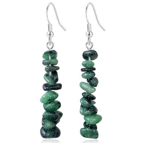Handmade Bohemian Vintage Silver Nature Stone Beads Long Dangle Drop Earrings for Women - color: Black Green