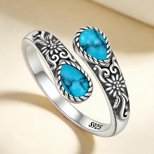 Adjustable Thumb Rings for Women Vintage Moonstone Obsidian Turquoise, Spoon Style Adjustable Ring Gift for Her, Sister, Mom – Natural Gemstone Jewelry - style: Turquoise Flower Ring