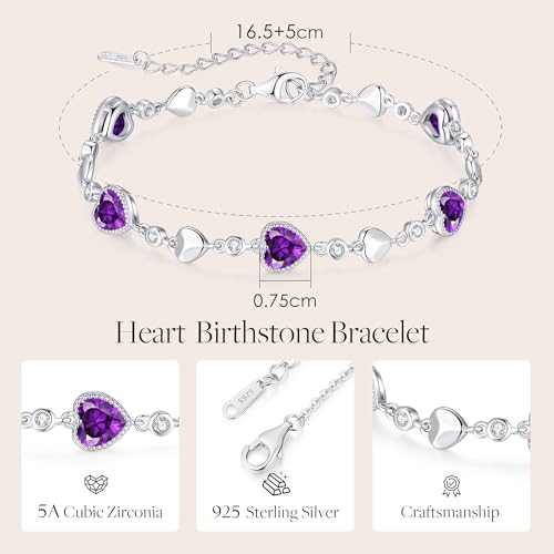 925 Sterling Silver Birthstone Heart Bracelet Jewelry Gift for Women | Rose Gold Plated Bracelets,Hypoallergenic,Adjustable Chain Personalized Anniversary Christmas Jewelry Gift for Mom Wife - color: Sterling Silver-02-Feb