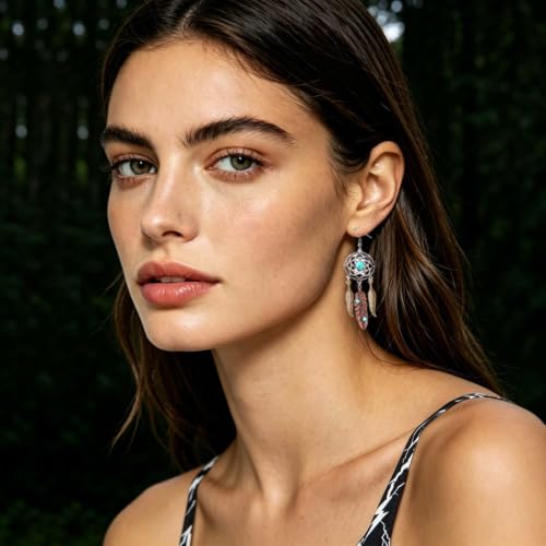 Boho Turquoise Drop Earrings Retro Long Copper Feather Tasse Metal Leaf Dangle Earrings Vintage Country Western Jewelry Cowgirl Ethnic Style Geometric Concert Festival Accessories for Women - color: Silver Blue