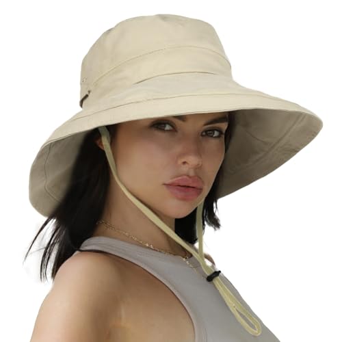 Sun Hats for Women Gardening Hat Wide Brim Ponytail Beach Sun Protection Breathable Cotton Summer Hat with Fold-Up Brim - color: 02light Khaki
