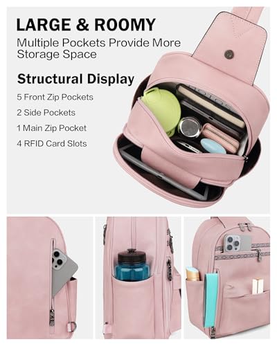 FADEON Large Sling Bag for Women, Leather Crossbody Purse Designer Anti Theft Sling Backpack, RFID Fanny Packs for Travel - color: Pink Retro Style