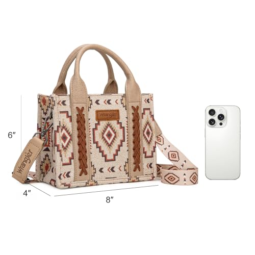 Wrangler Mini Aztec Tote Bag for Women Boho Small Top Handle Purse with Adjustable Strap - color: Boho Tan